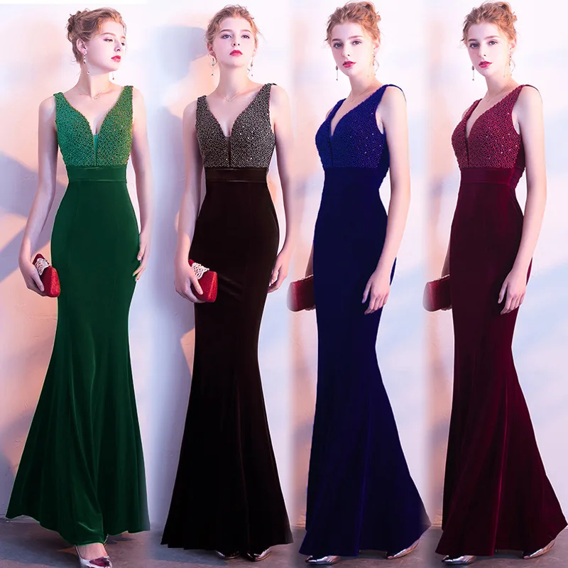 SERMENT Elegant Mermaid Vintage Evening Dress Crystal Beading Chiffion V-neck Suitable Party Cocktail Club Nightclub Occasions