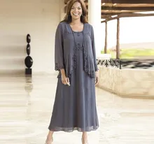 Plus Size Grey Mother of the Bride Dresses 2021 Tea Length Two Pieces Chiffon Appliques with Jacket Formal Wedding Guest Dress