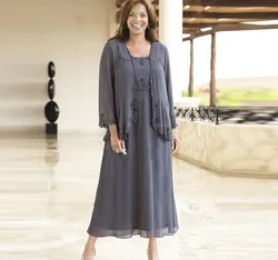 Plus Size Grey Mother of the Bride Dresses 2021 Tea Length Two Pieces Chiffon Appliques with Jacket Formal Wedding Guest Dress