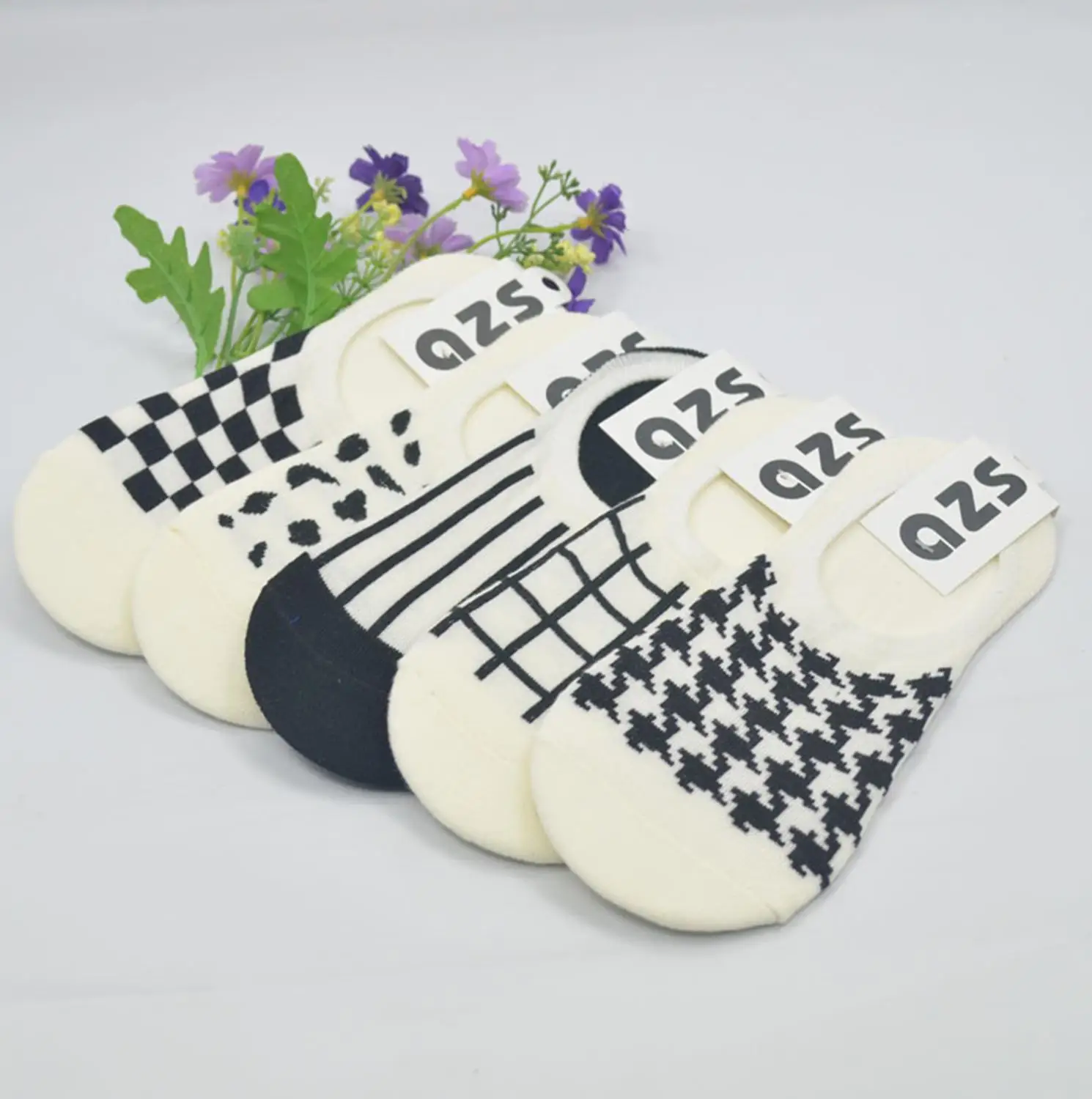 

Women's Cotton Socks Summer Non-slip Black and White Houndstooth Pattern Low Invisible Boat Socks Casual Non Show Socks
