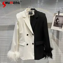 

Colorbloack Tailored Suit Coat 2021 Winter New Model Style Fur Cuff Black and White Classic Contrast Color Women's Business Suit