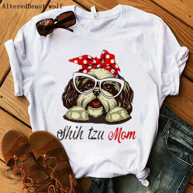 

Shih Tzu Mom Dog Mama Bandana T-shirt Women Fashion Harajuku Cartoon Tshirt Funny Graphic O-Neck Clothes Short Sleeve Tee Tops