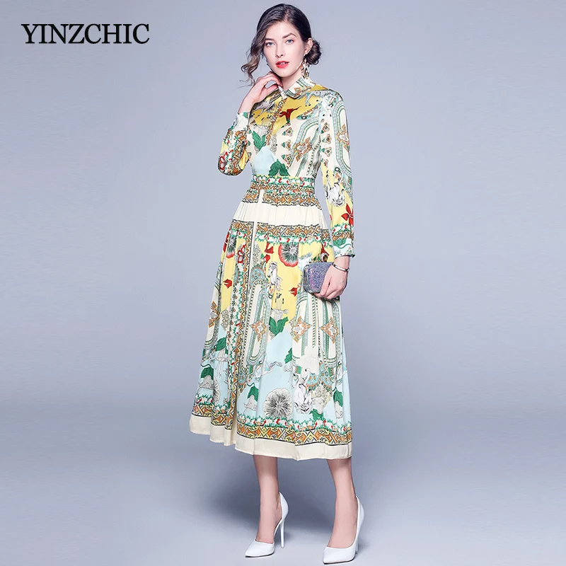 

Euro Vintage Printed Woman Dress Turn-down Collar Shirt Mid Dresses Woman New Print A-line Dresses Calf-length Dress