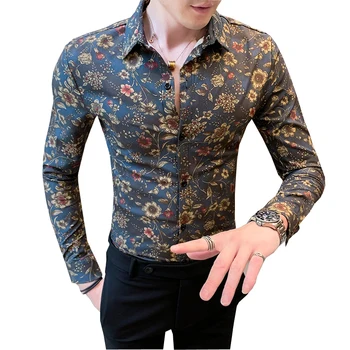 

2019 Korean version of the trend handsome hair stylist Slim shirt Hong Kong men's long-sleeved social retro small floral shirt