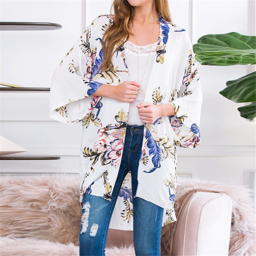 

Women Chiffon Cardigan Casual Kimono Ladies Summer Long Loose Floral Printed Wrap Tops Beach Cover Outerwear Clothing