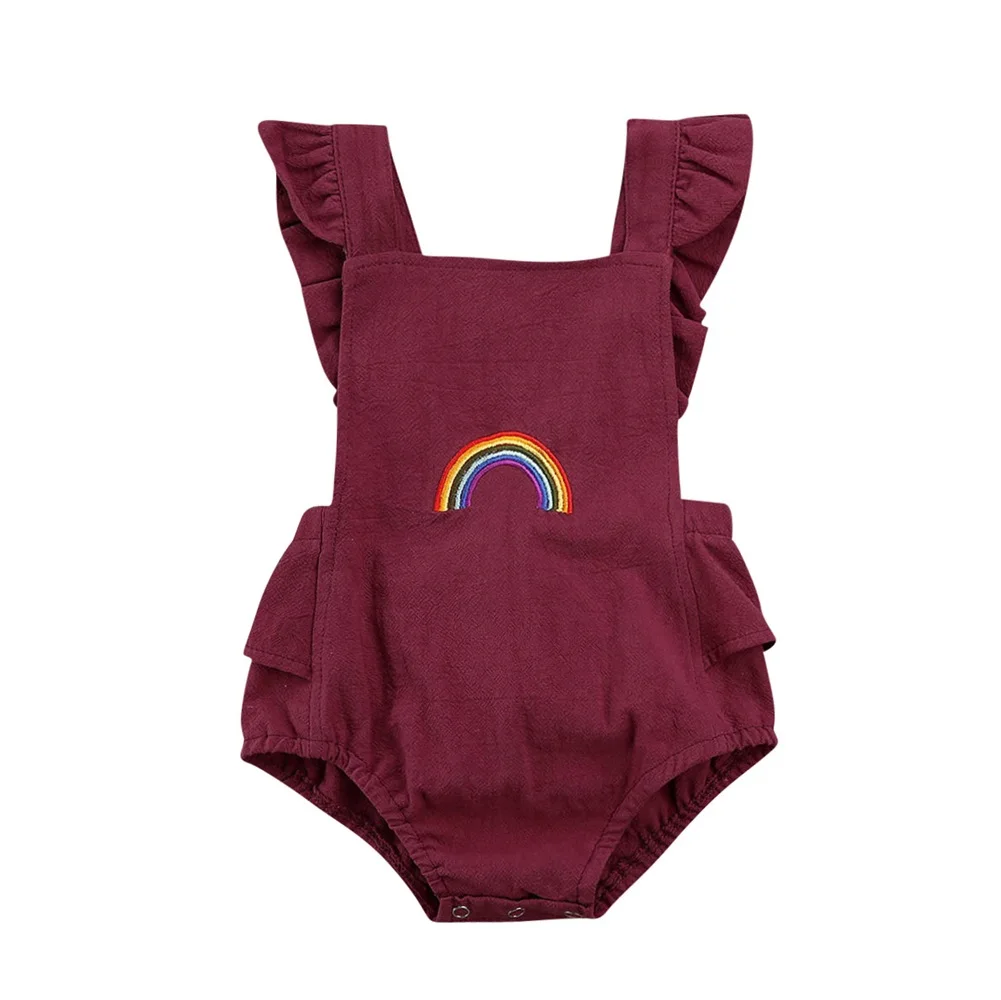 Летняя одежда для малышей, хлопковый цельный комбинезон с оборками для новорожденных девочек, комбинезон с вышивкой радуги, пляжный костюм