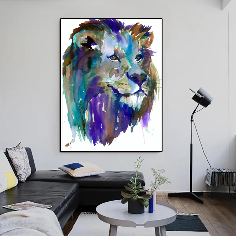 

RELIABLI Canvas Painting Watercolor Animal Print Colorful Lion Wall Art Pictures for Living Room Cuadros Home Decor Unframed