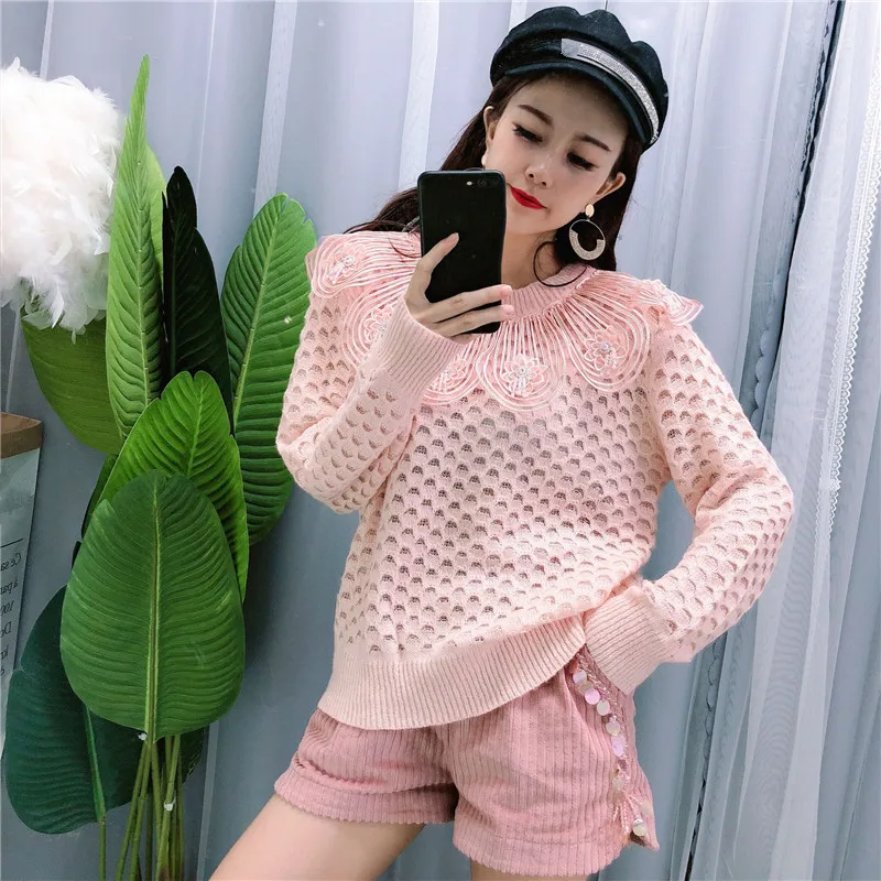 WHITNEY WANG Осень Зима Мода 3D Цветы Питер Пэн воротник свитер женский джемпер sueter mujer invierno