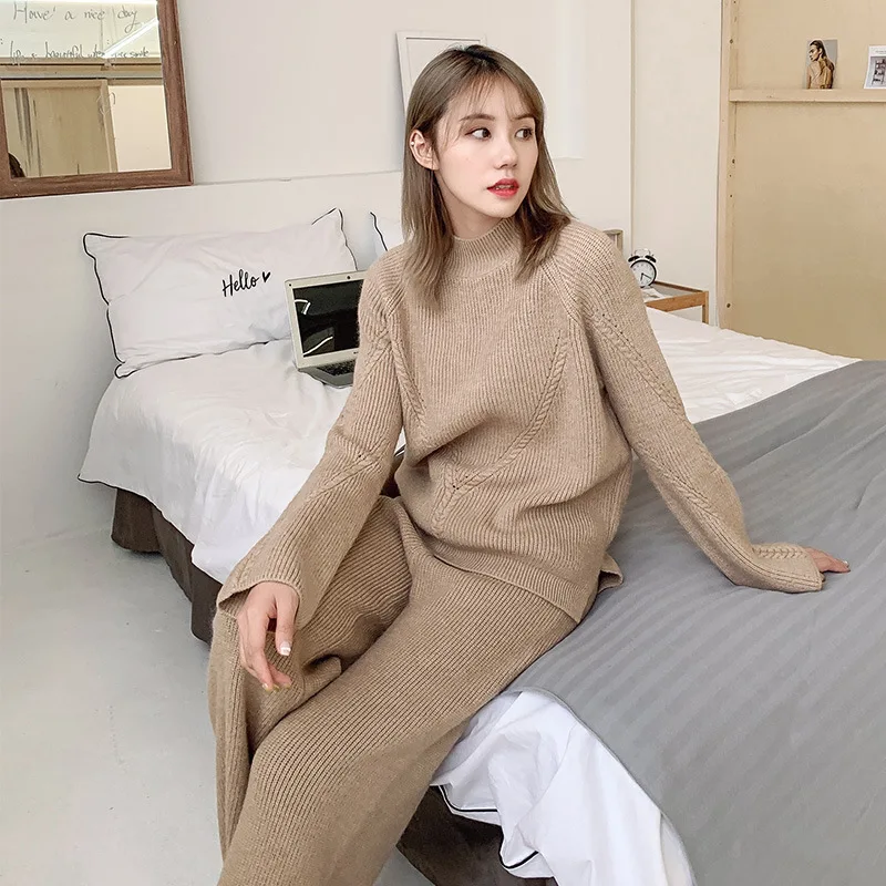 Knitted Women 2 Pieces Pant Sets Autumn Winter New Thicken Solid Warm Sweater and Wide Leg Pant Suits