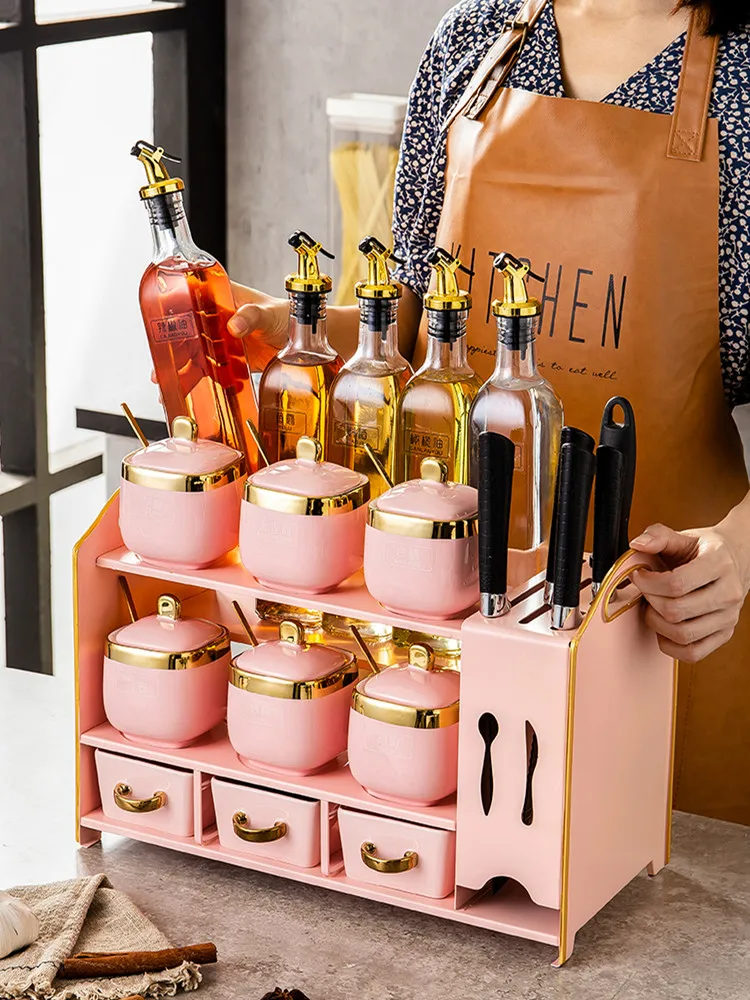 

Luxury Creative Seasoning Jar Ceramic Salt Sugar Container Oil Bottle Spice Jar Set Pot Knife Holder Salero Kitchen Tools DF50