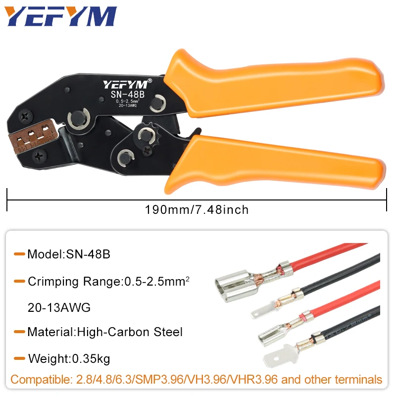 For TAB 2.8 4.8 6.3 Car Terminals SN-48B Crimping Pliers 0.5-2.5mm²/23-13AWG High Precision Jaw Wire Electrical Hand Tools