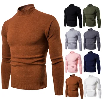 

Fall and Winter 2019 Men's High Turtleneck Collar Body-Fitting Bottom Shirt Pure Colored Knitted Sweater Sueter Cinza Masculino