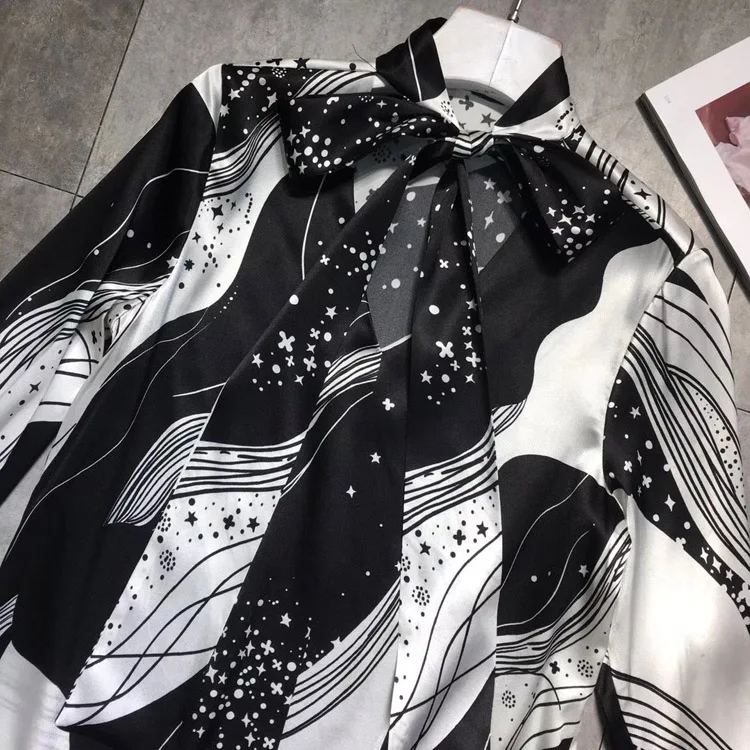 New Arrival Clothes High Quality Real Silk Loose Women Shirt Long Sleeve Lace Up Bow Fashion Print Blouse