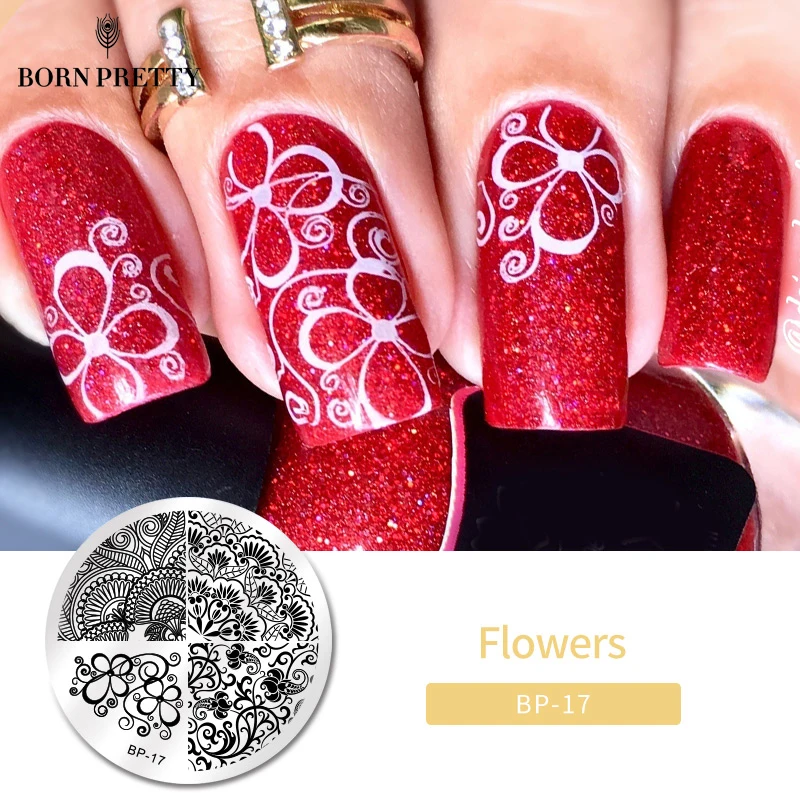 Элегантный цветок ногтей штамп шаблон плиты изображения Born pretty BP17|plate brush|plate
