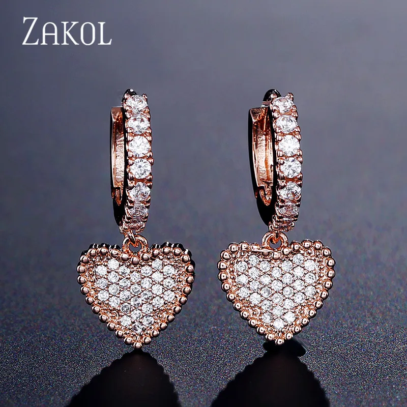 Earrings Rose Gold ZAKOL модное кубическое циркониевое свадебное ожерелье в форме сердца Комплект сережек для женщин Романтический ювелирный подарок для возлюбленных FSSP3014 - Окраска металла: Earrings Rose Gold