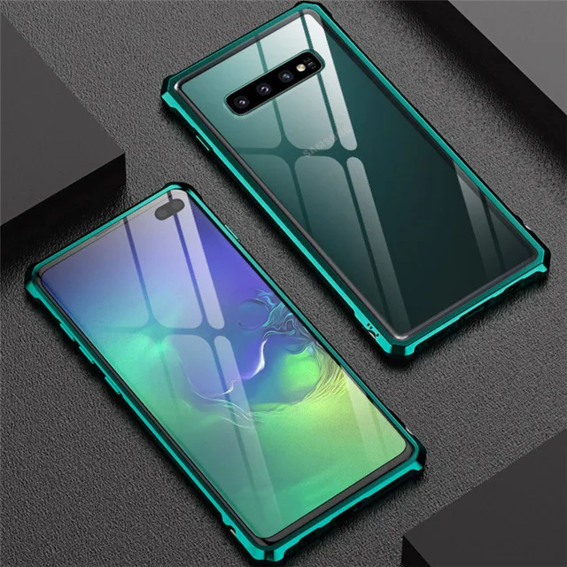 Green Чехол для samsung S10 Plus, Роскошный Алюминиевый металлический каркас, жесткие прозрачные чехлы с закаленным стеклом для samsung Galaxy S10 S10E Coque - Цвет: Green