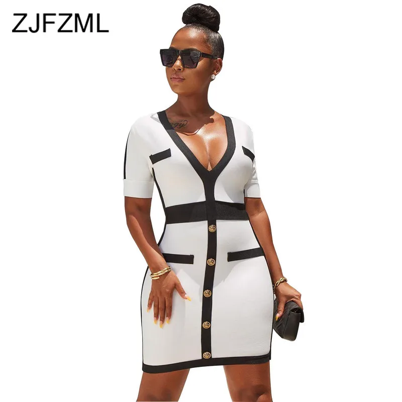 

Striped Buttons Sexy Wrap Dress Women Deep V Neck Short Sleeve White Bodycon Mini Dress Summer High Waist Bandage Party Dress