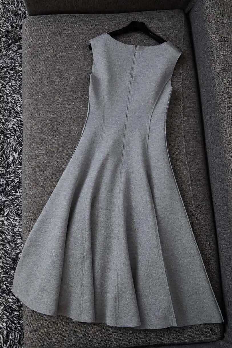 Top Quality New Cotton Dress 2020 Autumn Winter Vestidos Women V-Neck Pleated Stitching Sleeveless Mid-Calf Grey Casual Dress