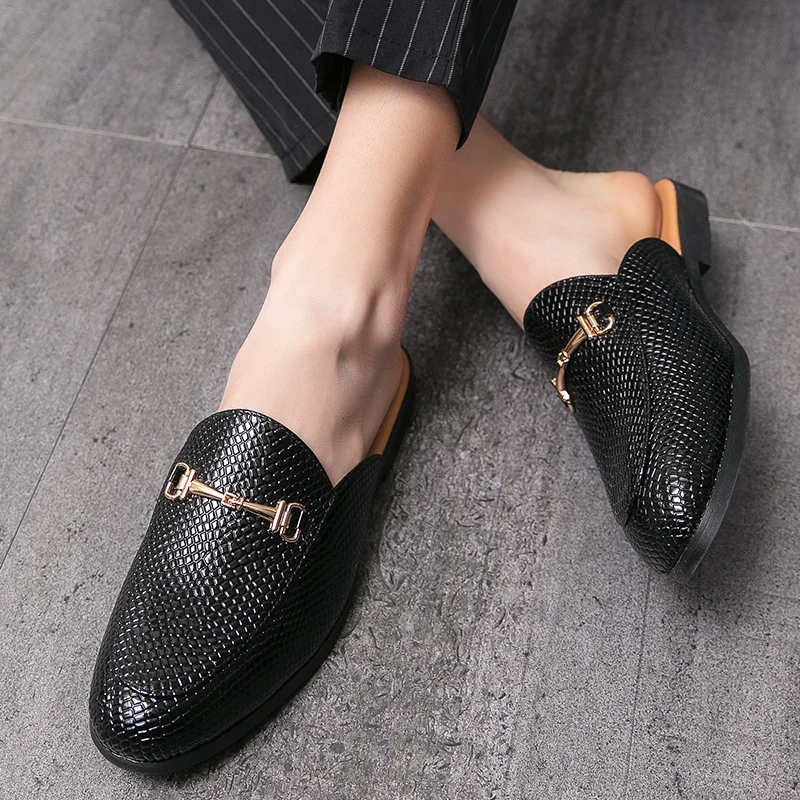 TOSJC Mens Buckle Half Loafers Snake Pattern Slippers Breathable Anti-slip Half Shoes for Man Summer Mules Lightweight Slides