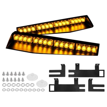 

(Yellow) 32LED Visor Lights 15 Flash Patterns Emergency Strobe Lights Windshield Split Mount Light Bar Law Enforcement Hazard Wa