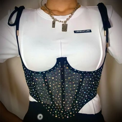 Hirigin Women  Lace-up See-through Wrap Top High Waist Cummerbund Rhinestone Cummerbunds Sexy Fishbone Shape Sleeveless Vest
