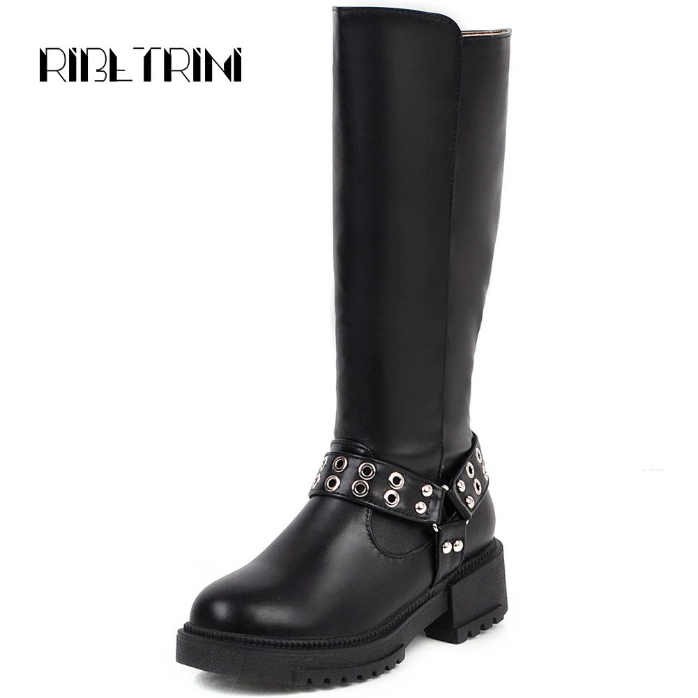 

RIBETRINI Elegant Female Round Toe Shoes Woman Buckle Belt Slip On Boots Women Office Casual Party Prom Winter Boots