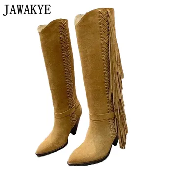 

JAWAKYE Deisnger High Quality Tassel Boots European Designer Knee High Long Boots Spike High Heel Pointed Toe Winter Shoes Women