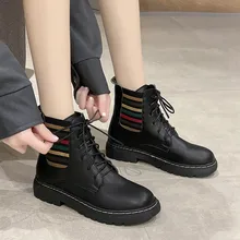 

Winter Women Martins Platform Motorcycle Ankle Leather Black Boots Designer Brand Luxury Flat Shoes Round Toe Solid Lace-up