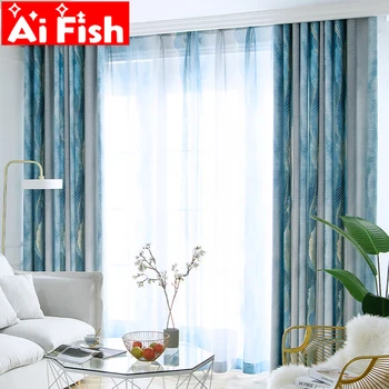 

Simple bohemian style gradient blue striped with leaf home texture curtains for living room high-grade blackout bedroom MY450#4