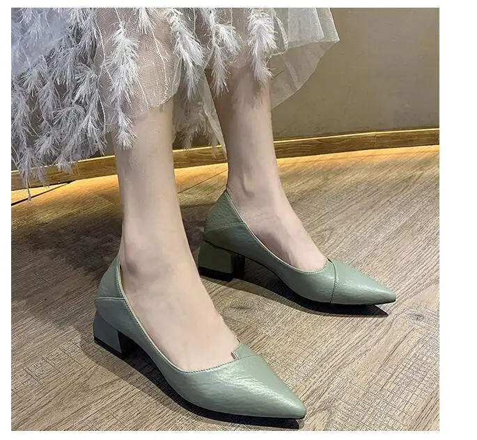SLHJC/женские кожаные туфли-лодочки на среднем квадратном каблуке с острым носком без застежки; вечерние туфли для офиса; повседневная обувь; удобная универсальная обувь