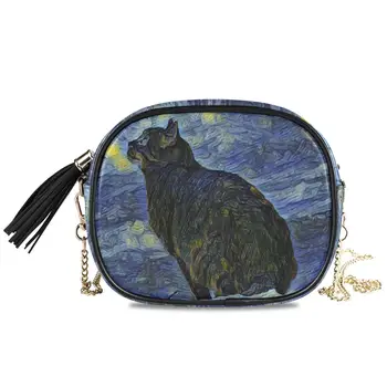 

Women Fashionable PU leather Shoulder Bags New Female Messenger Bag Handbag Chain Cat Van Gogh Starry Sky Printing Crossbody Bag