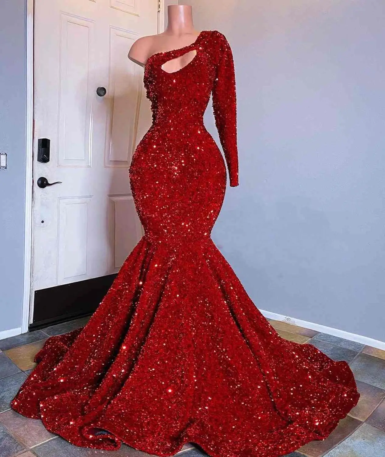 Red Sequin Mermaid Prom Dresses 2020 Plus Size One Shoulder Long