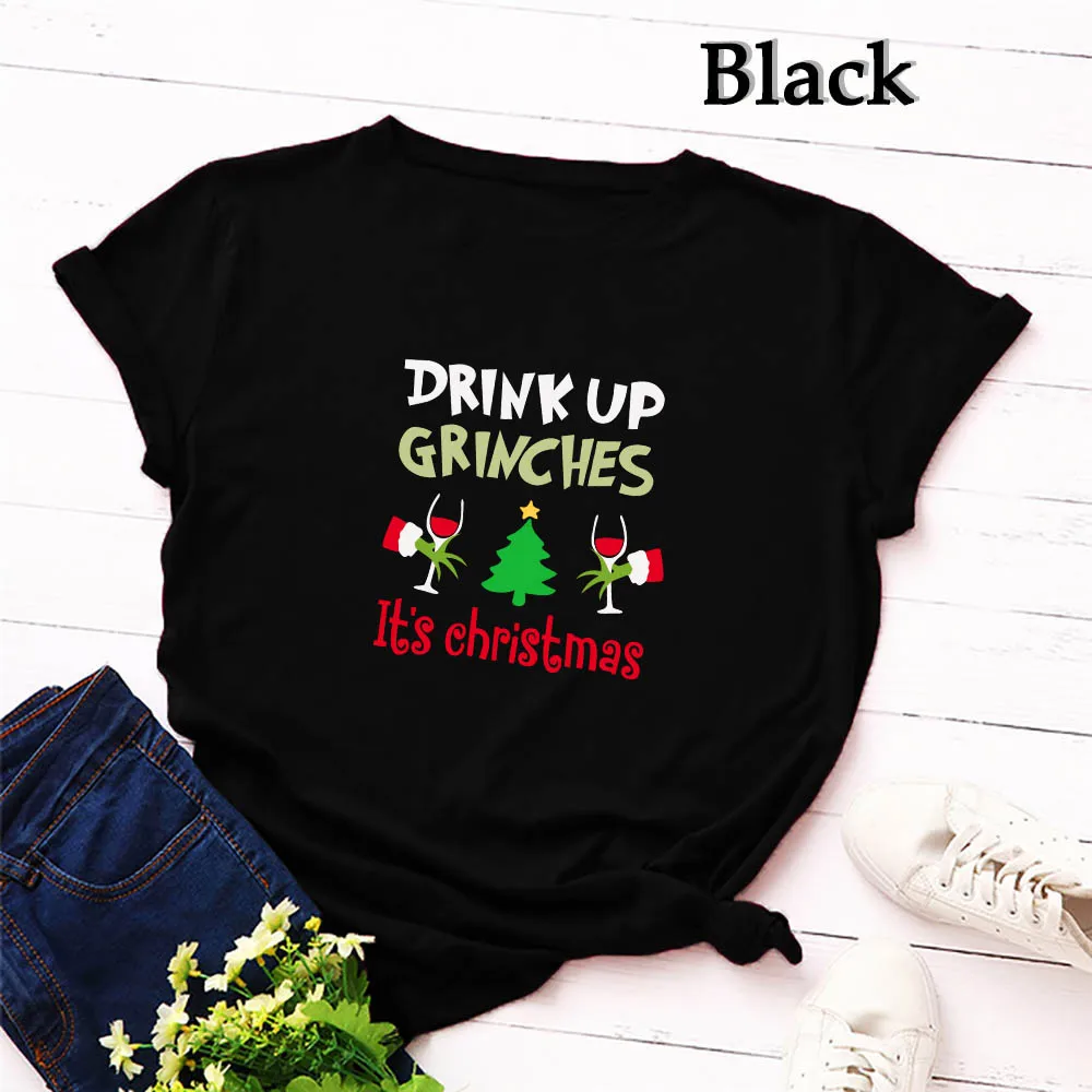 2QIMU Drink Up Grinches It's Christmas футболки модные графические женские Топы футболка с коротким рукавом женская Праздничная футболка - Цвет: Black