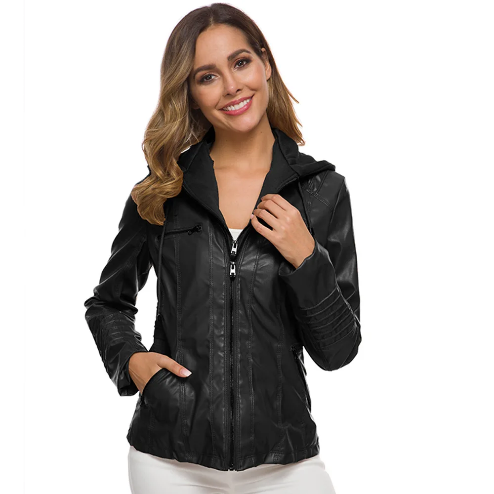 Готическая куртка из искусственной кожи женская зимняя мотоциклетная куртка с капюшоном женская черная верхняя одежда искусственная кожа полиуретан куртка женская куртка - Цвет: Черный