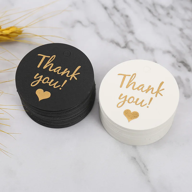 50 Pcs 4.5x4.5cm Bronzing Heart Round Thank You Card Love Tag Gift Hang Lables for Wedding Birthday Party Mothers Day Cake Tag