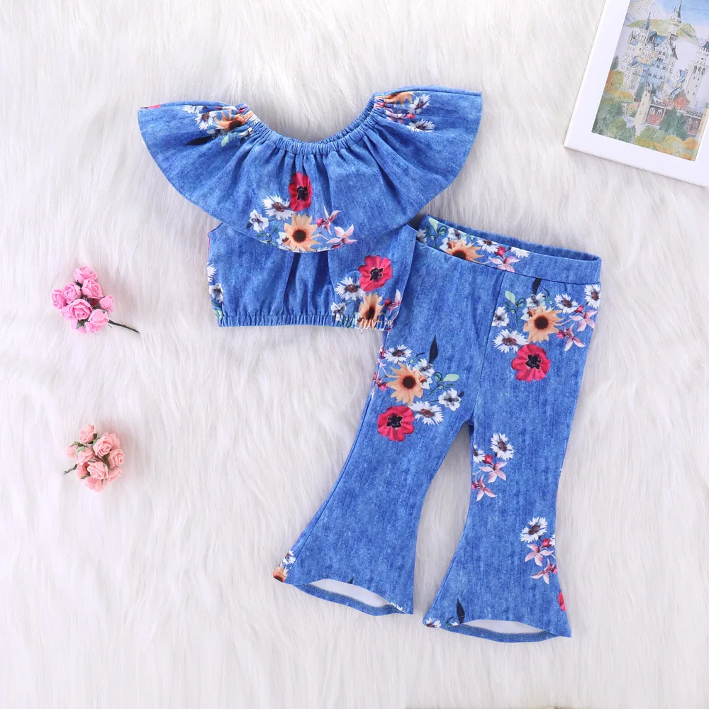 Girls Clothes Teen Cloth Jean Short Sleeves Denim Sun Flower Off Shoulder Tops Bell Bottom Pants 2pcs/Set 2018 Kid Autumn Suit | Детская