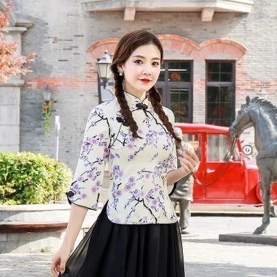 S-4XL плюс размер традиционные китайские рубашки леди Фиолетовый цветы сливы Cheongsam Топы Блузка Camisa Китай Mujer Шанхай - Цвет: Purple Plum jacket