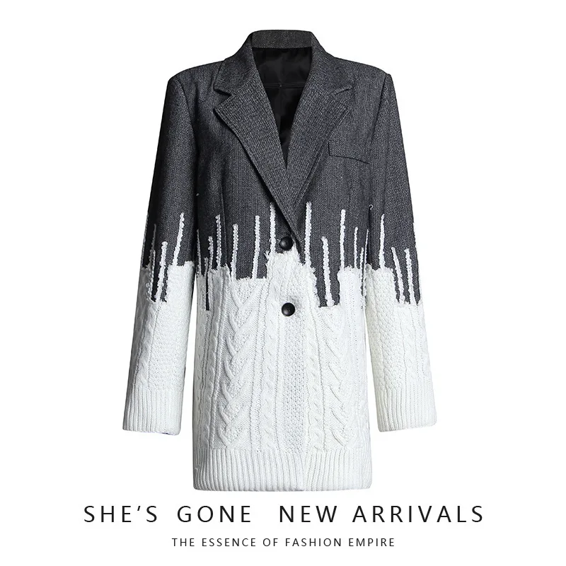 

Xiaozhong Designer Small Suit 2019 Autumn Clothes England Wind Sweater Splicing Woolen Smoke Gray Suit Coat