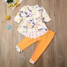 Pudcoco Autumn Toddler Baby Girl Clothes Long Sleeve Flower Print Ruffle Dress Tops Long Pants 2Pcs Outfits Cotton Clothes