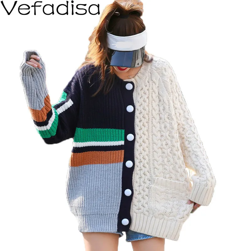 Vefadisa Patchwork Cardigan Sweater Woman Spring 2020 O-Neck Single Breasted Knitting Casual White QYF916 |