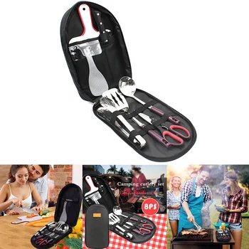 

7pcs Backpacking Camping Cookware Kitchen Utensil BBQ Organizer Travel Mess Kit with Water Resistant Case Cutting Board