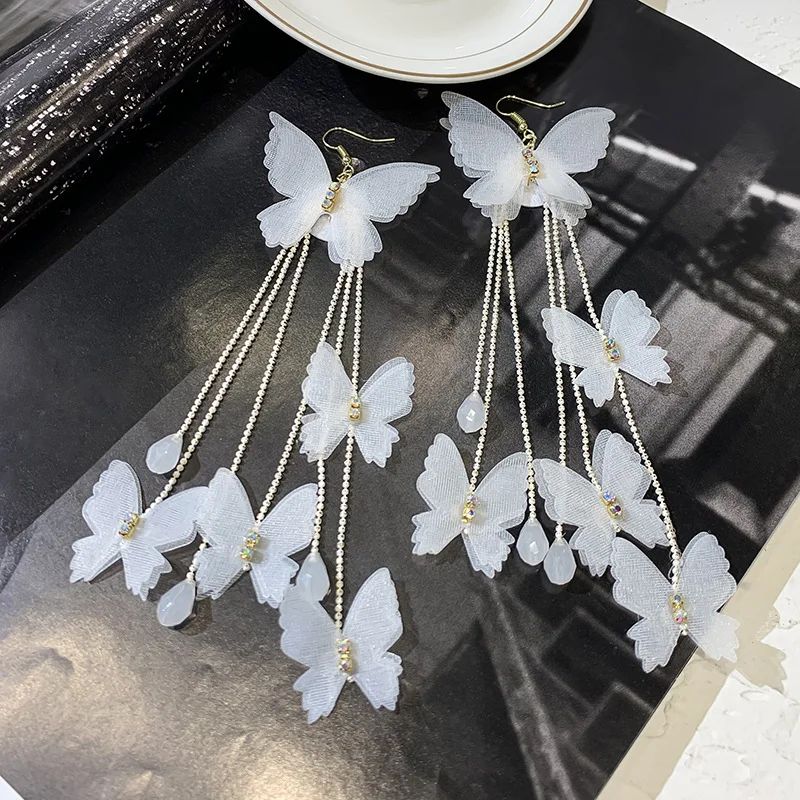 

2019 new design fashion exaggerated jewelry long white butterfly earrings bohemian tassel holiday party earrings for women gift