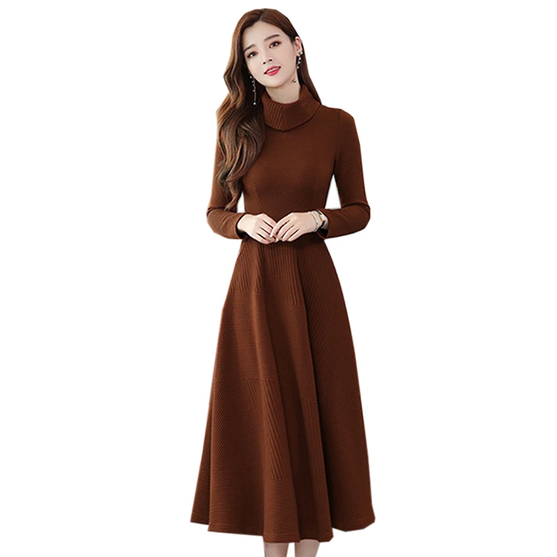 Женское зимнее трикотажное платье макси однотонные платья с высоким воротником