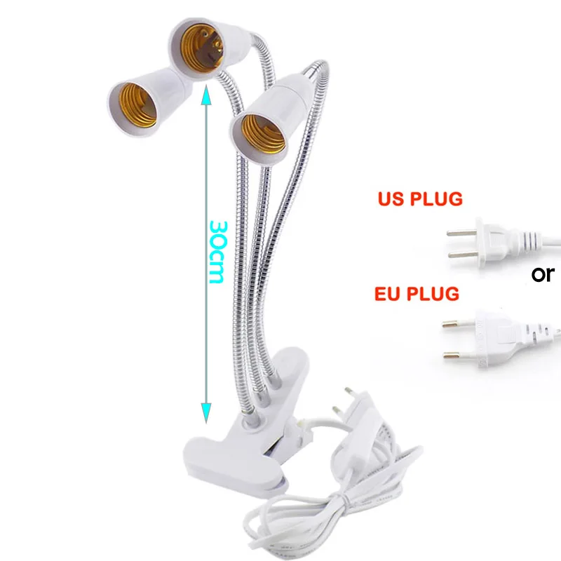 Description Picture 2 of itemE27 Socket 3 Head Flexible Light Clip With On/Off Switch Lamp Holder For Desk Light LED Plant Grow Bulbs Base EU/US Plug