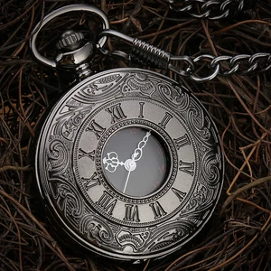 Reloj de bolsillo Vintage para hombre, cronógrafo de cuarzo con número romano antiguo, Steampunk, negro, con colgante hueco, cadena, collar, regalo