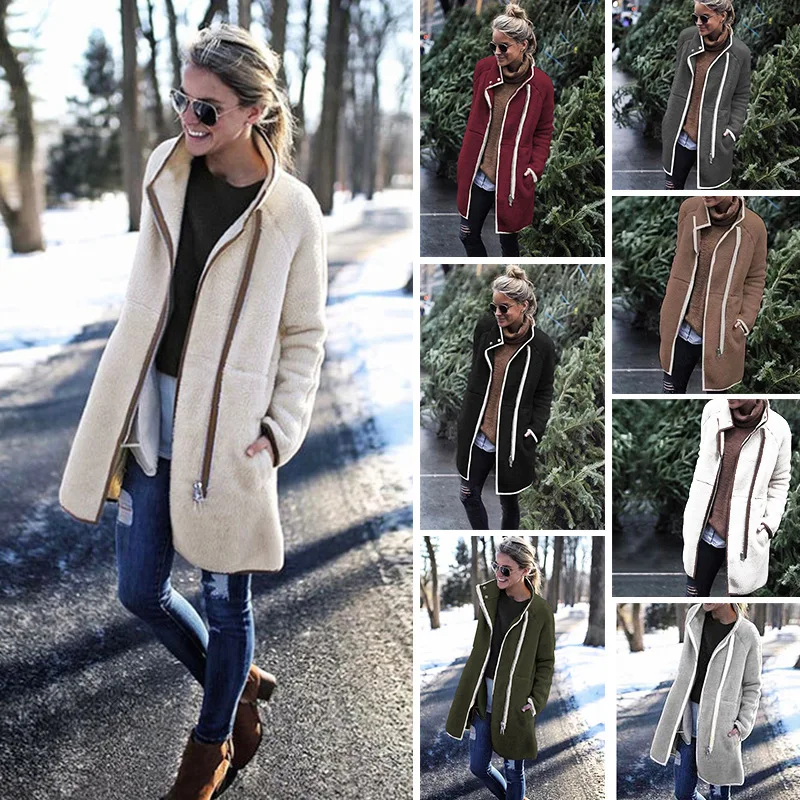 

Women's Europe and the United States autumn and winter new terry cashmere collar zipper button coat women's warm jacket