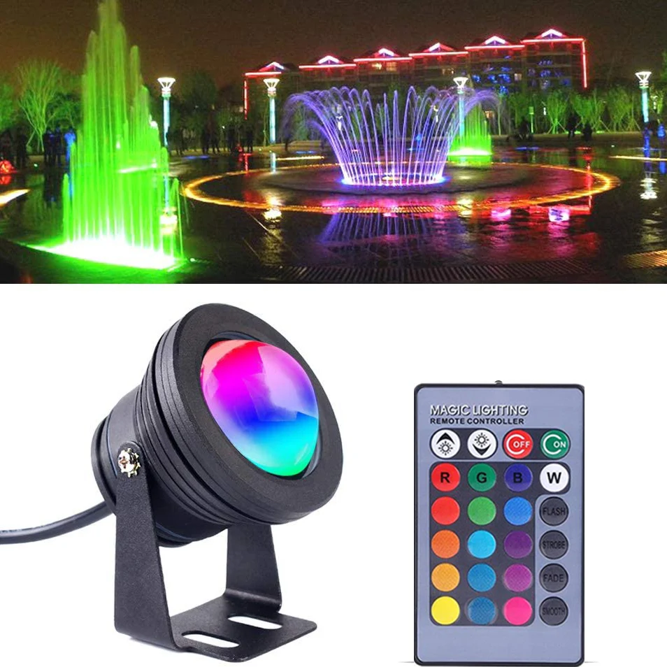 RGB 12V 10W Waterproof IP68 Outdoor LED Landscape Fountain Pool Lamp Underwater Lights with 24key IR Remote Controller