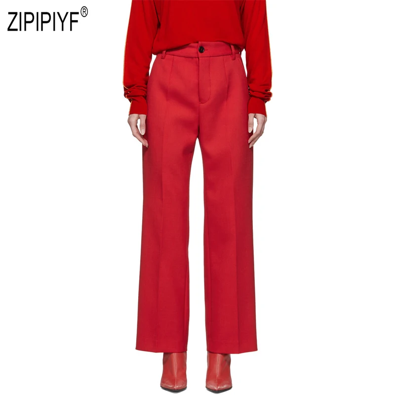 Elegant Fashion Women Pants Zipper Up Loose Long Red High Waist Casual Pants Pockets Office Lady