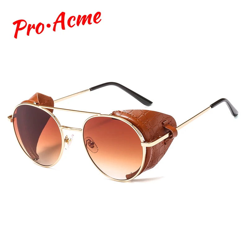 Pro Acme Fashion Retro Steampunk Sunglasses Women Men Gothic Punk Round Sun Glasses Leather Side Shield Brand Design PA1281