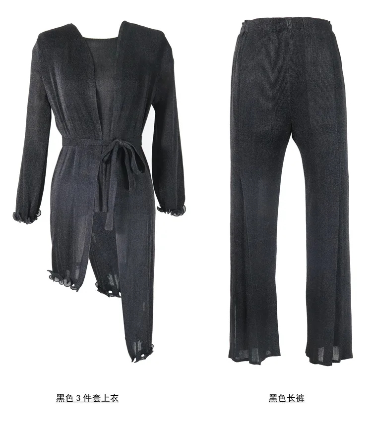 SELLINGMiyake, комплект из трех предметов, плиссированное асимметричное длинное пальто+ большая Свободная безрукавка с круглым вырезом+ прямые штаны